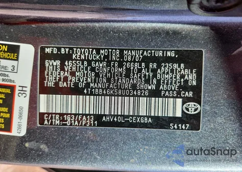 2008 Toyota Camry Hybrid from USA, damaged, VIN 4T1BB46K58U034826